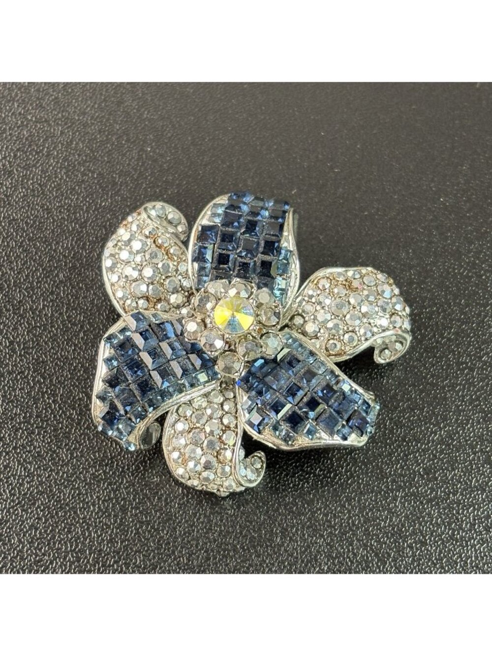 Vintage Flower Brooch Pin Floral Silver Tone Blue Clear Rhinestones 1.75"